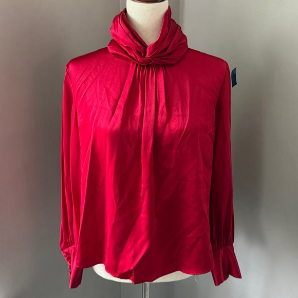 Vintage Tops - VTG Red Silk Satin Balloon Button Sleeve Blouse L
